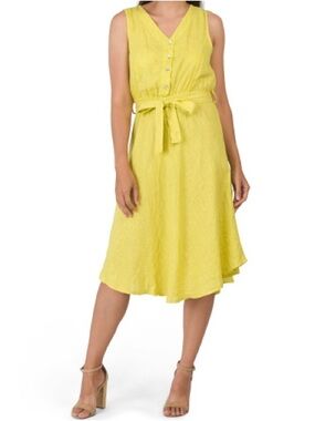 Vanessa Zani linen sleeveless button front tie waist midi dress S stripe Italy